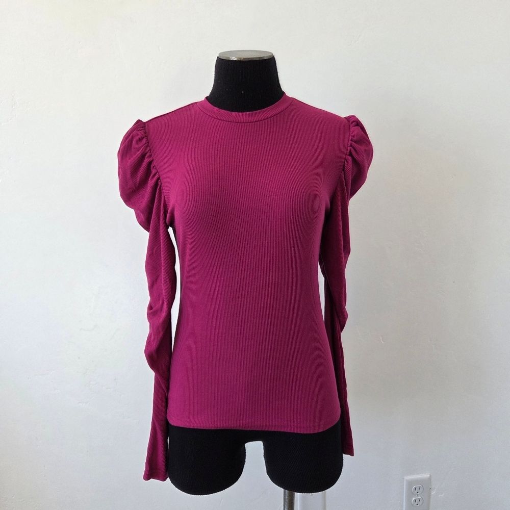 Purple Ribbed Puff Sleeve Knit Top Long Sleeve High Neck Berry Merlot Office M